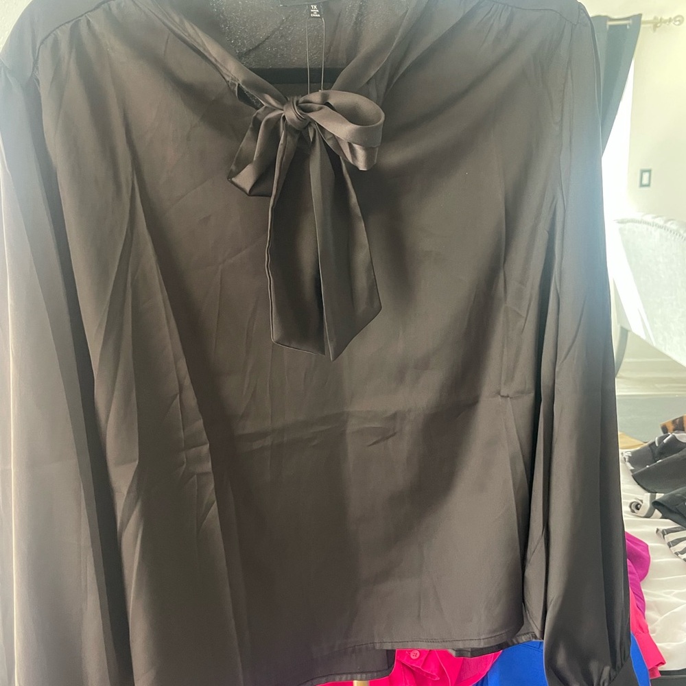 Fashion Nova Black Tie Neck Satin Blouse 1X